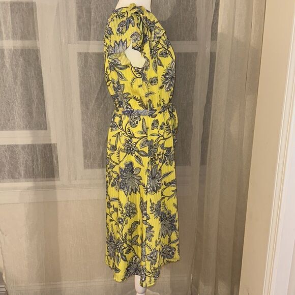 LOFT S Neon Yellow Blue White Floral Flutter Short Sleeve A-Line Belted Dress - Picture 6 of 10